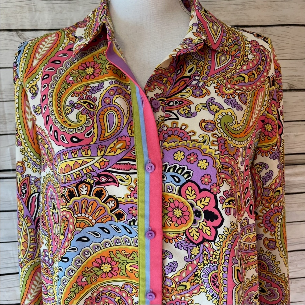 Rachel Zoe Paisley Button-Front Silky Blouse in Pink Multi - Picture 4 of 10